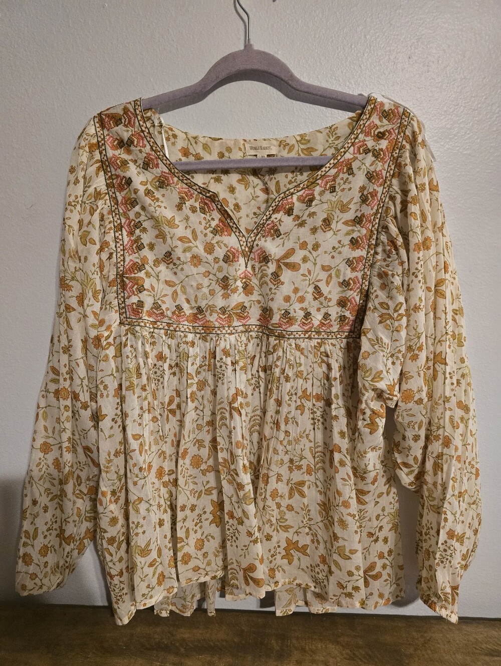 Cost Plus World Market Floral Embroidered Peasant Top in Cream, Mustard and Pink